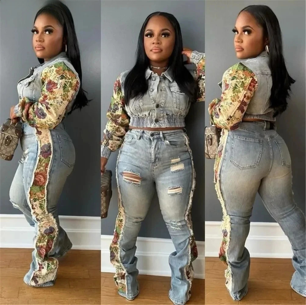 BWQ Women 2 Piece Set Outfit Fashion Pocket Ruched Print Patchwork Denim Crop Jacket High Waist Stretchy Jeans Streetwear 2025 250808