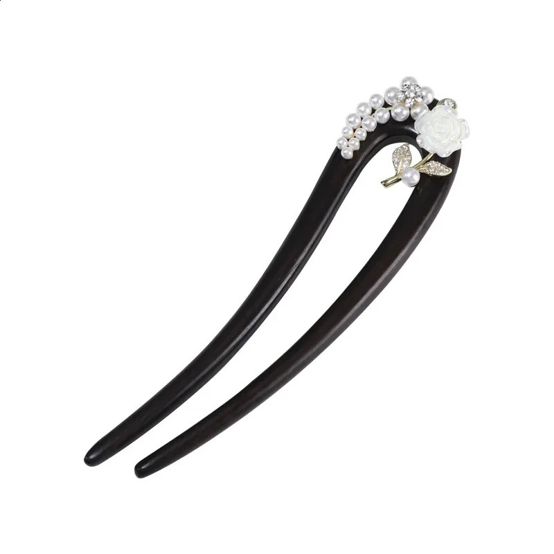 Ebony wood U-shaped Hairpin Ancient style Advanced feeling Chinese Style Pearl Hairpin Retro style Simplicity Updo Double ha 250807