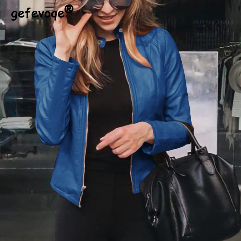 Spring Autumn Oversized Stand Collar Fashion Zipper Jacket Ladies Slim Allmatch PU Leather Coat Top Women Solid Color Cardigan 250809