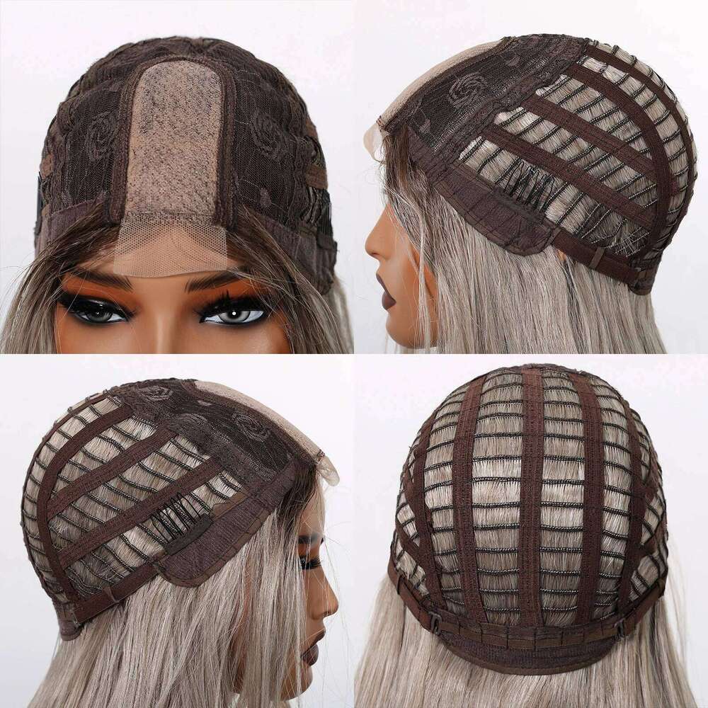 Gray Blonde Synthetic Dark Root Hairline Lace Frontal Straight Layered for Women Ladies Daily Use Wigs Heat Resistant