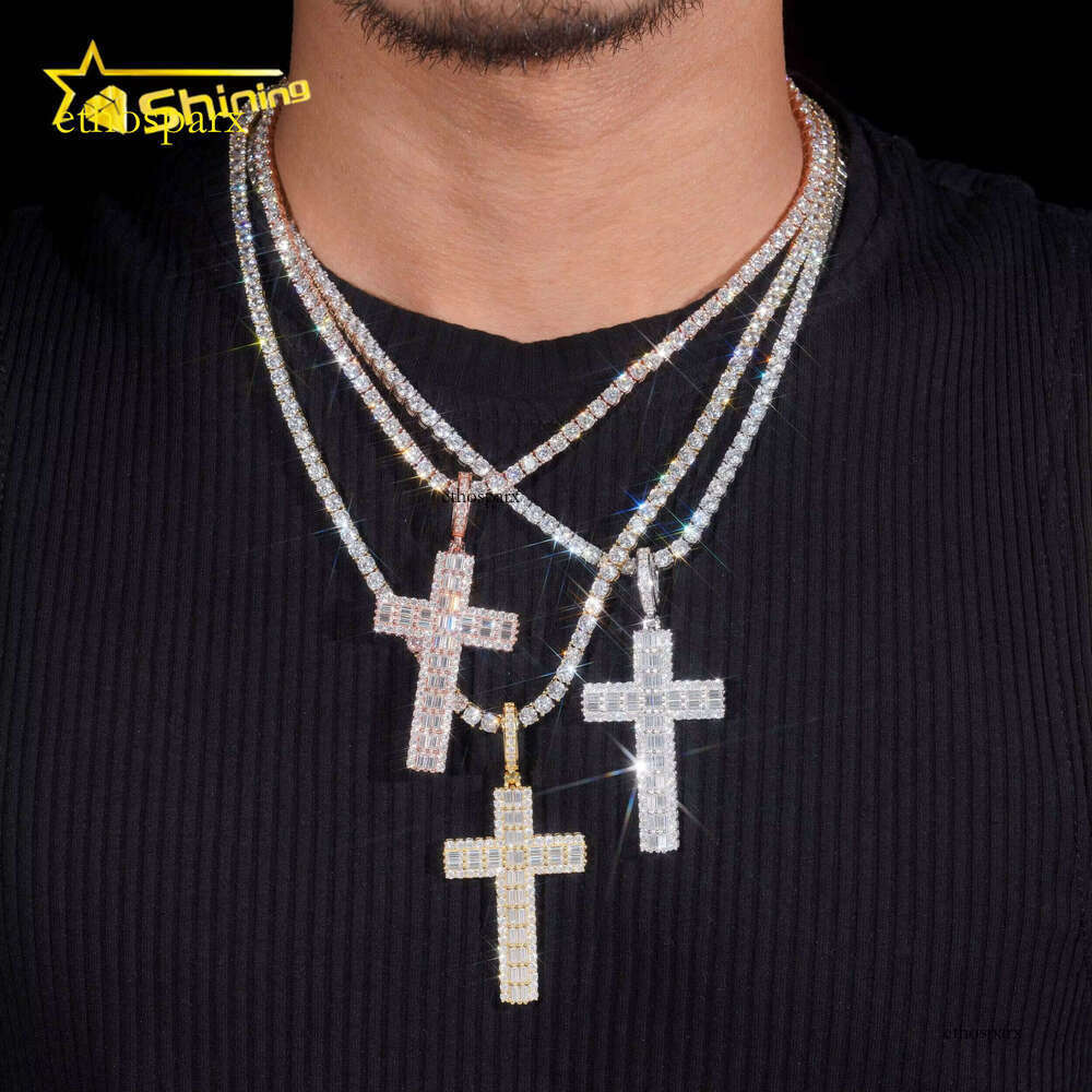 Shiny Baguette Sier Cross Men's Hip-Hop Iced Out Moissanite Pendant