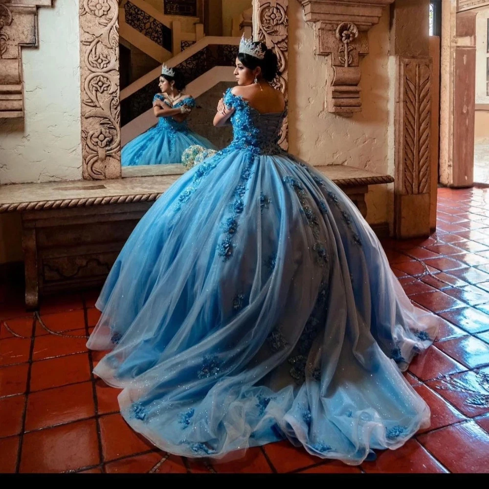 Light Sky Blue Quinceanera Dresses Ball Gown 3D Floral Applique Lace-up Sweet 16 Dress Off Shoulder Princess Prom Occasion Wear