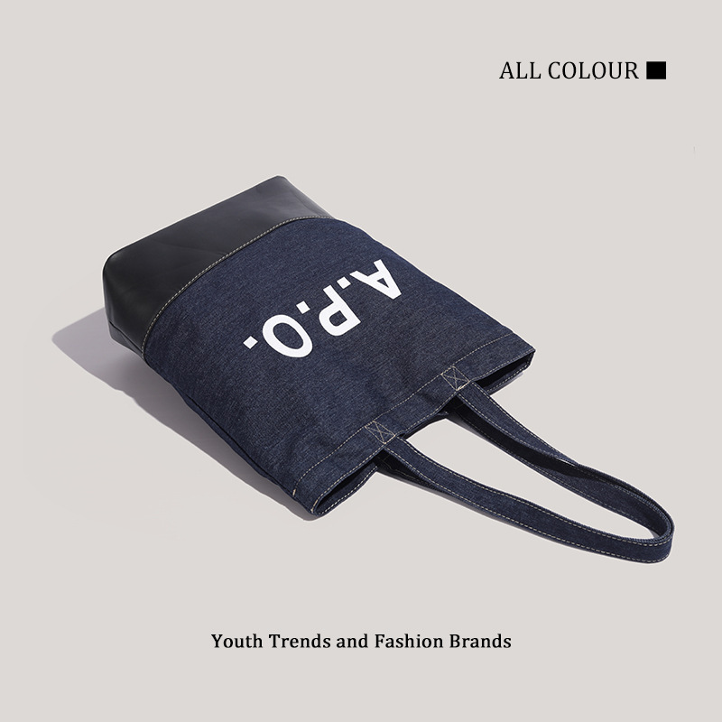 Korean Style Trendy Denim Patchwork Letter Large Capacity Commuter Tote Personality Shoulder Bag ddmymoon