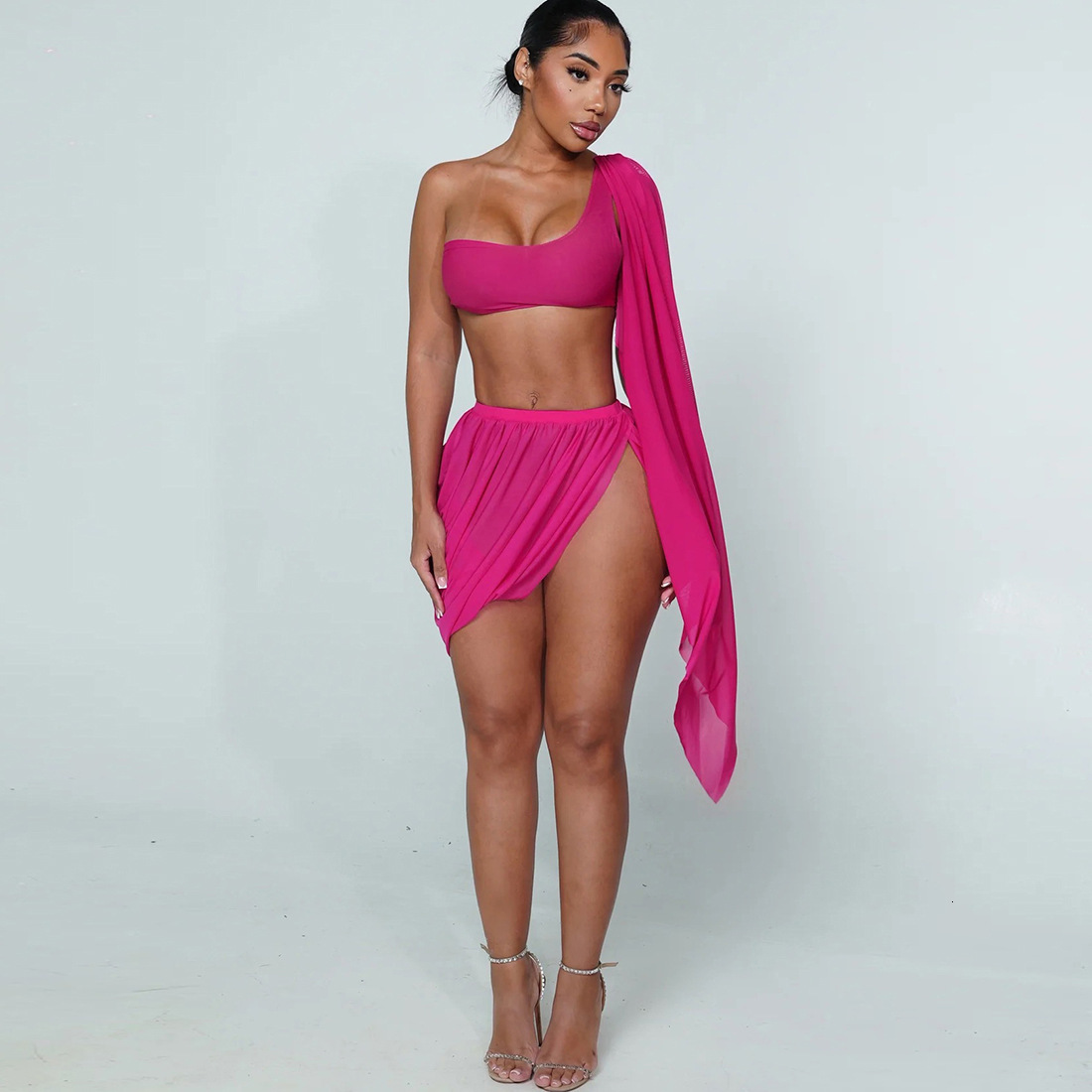 2025 Autumn New Womens Fashion Mesh Sexy One-Sleeve Long Sleeve Crop Top Ruched Split Short Skirt Set