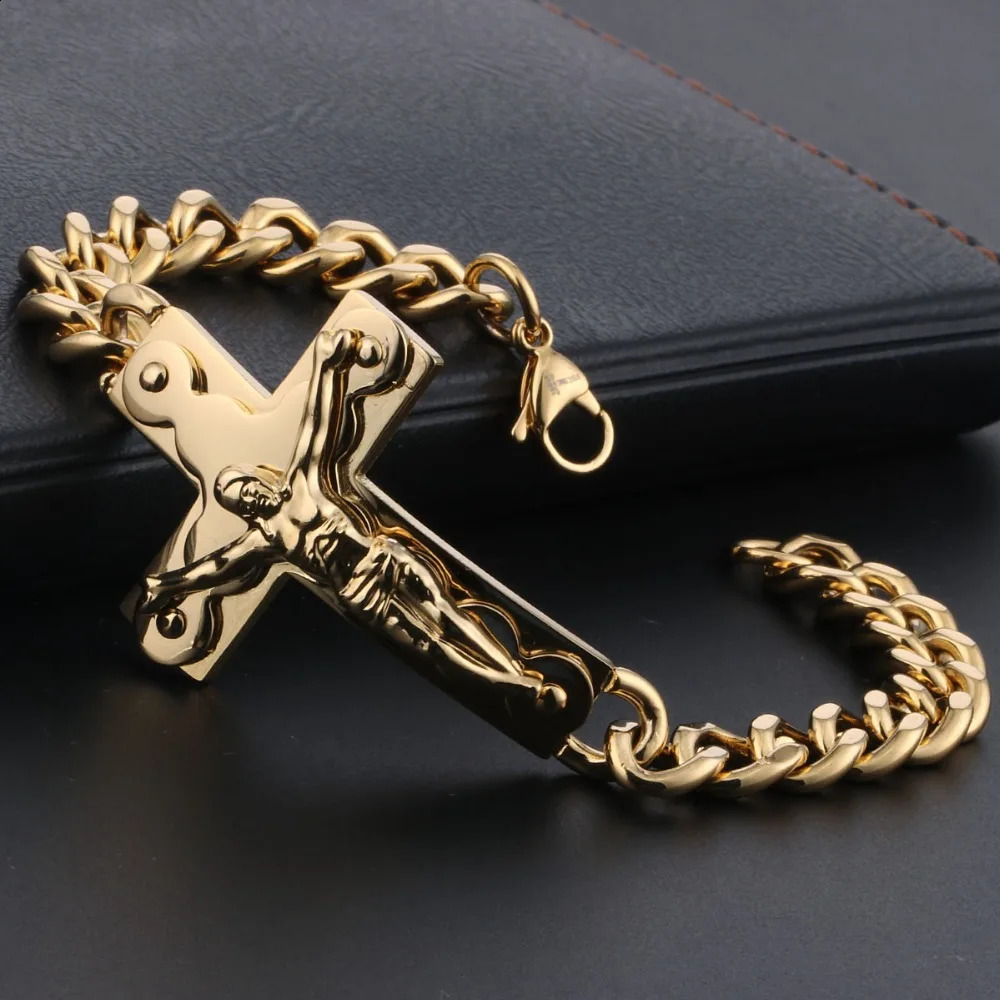 Crucifix Jesus Cross Charm Bracelets Stainless Steel Cuff Bracelets for Men Metal Cuban Hand Chain Religious Male Punk Jewelry 250805