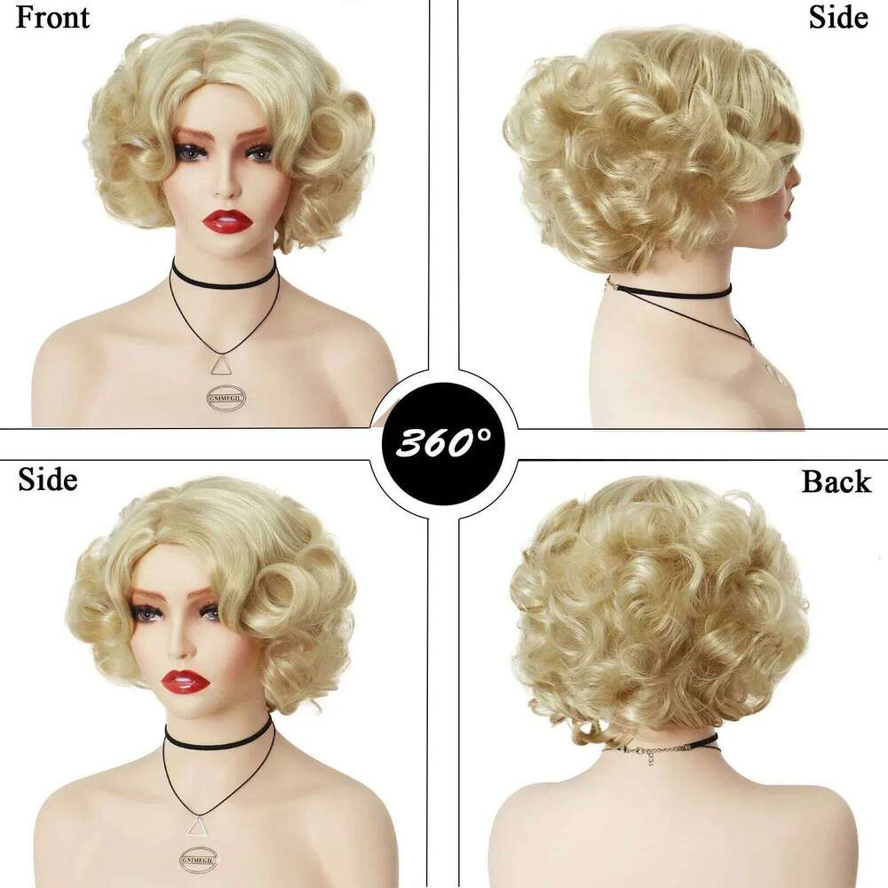 GNIMEGIL Synthetic Cosplay Wig Short Curly Hair Platinum Blonde for White Women Fluffy Curls Flip 60s Gatsby Hairstyle Wigs