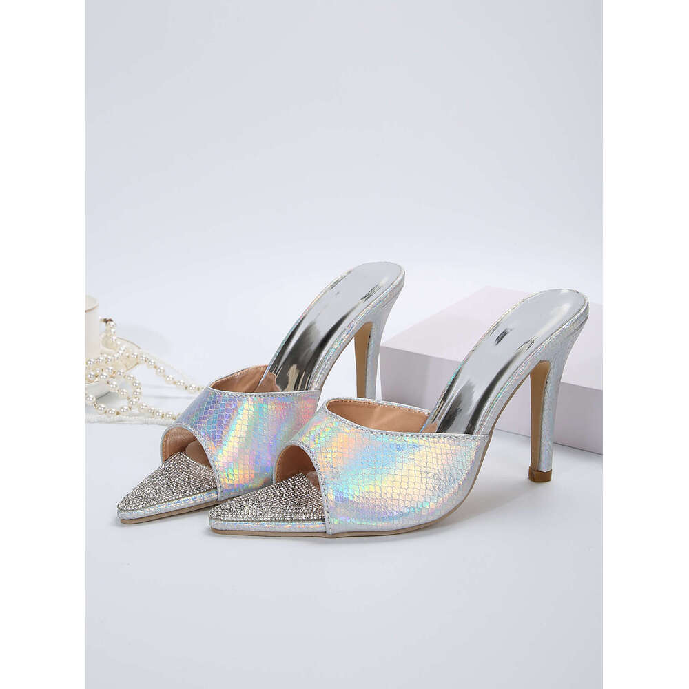 36-42 Plus Size 2025 New Gold Designer shoes Rhinestone Fashion Pointed High Heel Sandals Slippers for Women