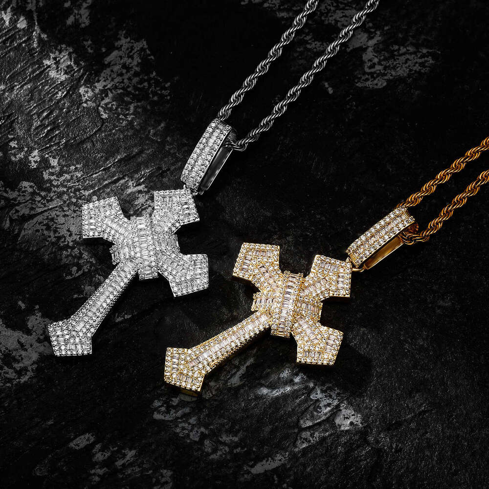 Sterling Silver Inlaid Moissanite chain Full Dia Trapezoid Large and Small Cross Pendant Hip-Hop Trendy Men's Necklace Accessory