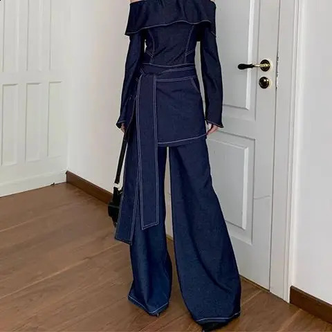 Xgoth Spring Retro Off Shoulder Denim Long Sleeve Top Strap Waist Slimming Wide Leg Jeans Set Two Piece Set Women Outfits 250808