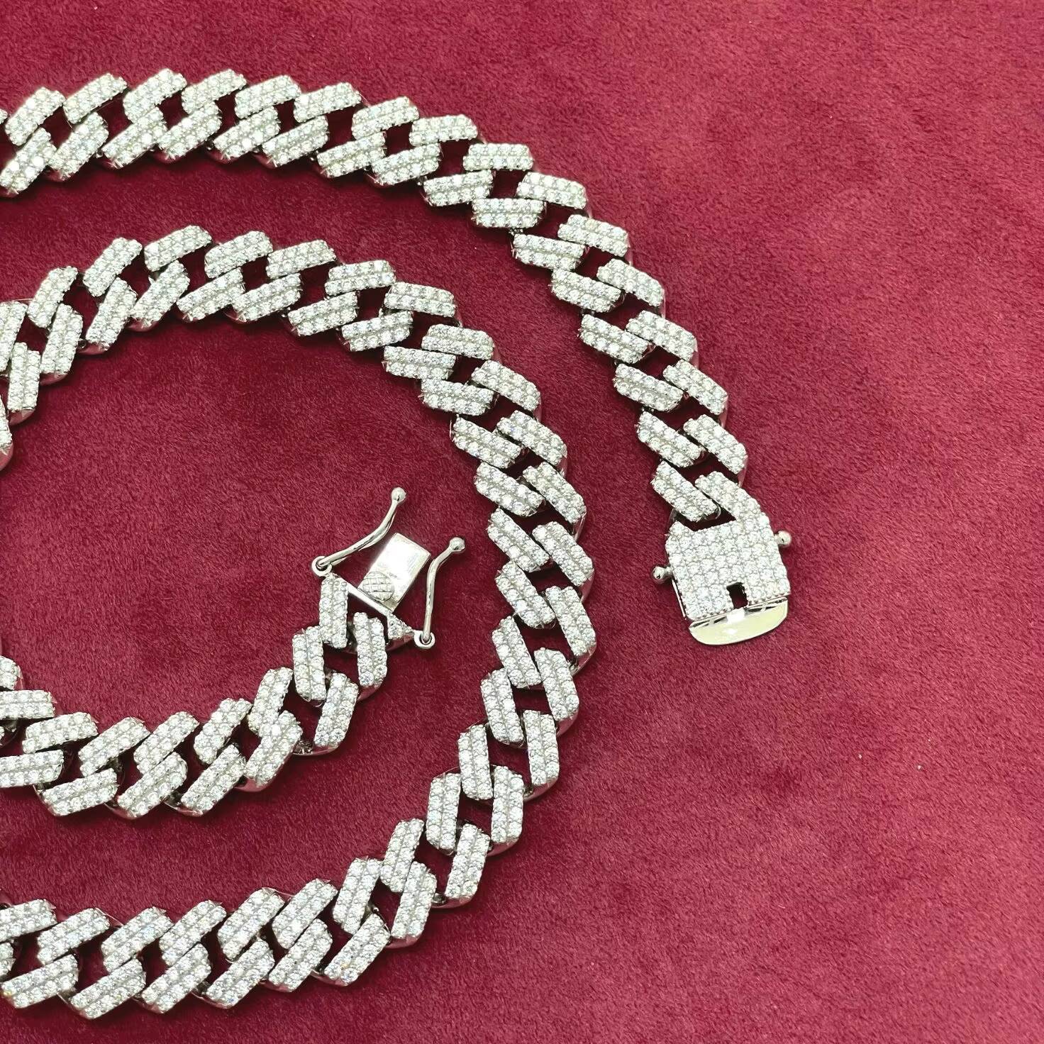 Hip Hop 12MM 925 Sterling Silver Soild Cuban Link Chain Cubic Zirconia Diamond-Studded Miami Cuban Link Necklace for Men