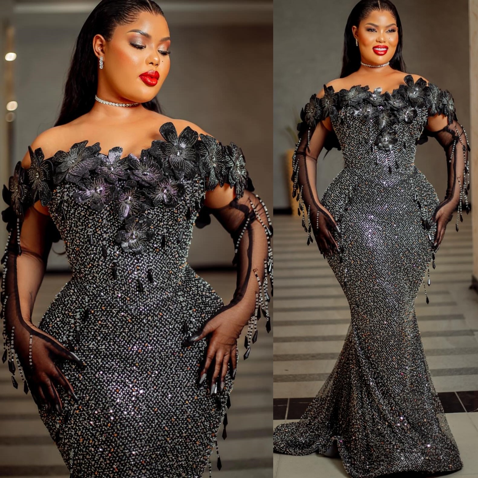 Mermaid Black Prom Dresses 2025 Flowers Crystals Sequined Off Shoulder Evening Formal Party Second Birthday Engagement Gowns Plus Size Dress For Speci