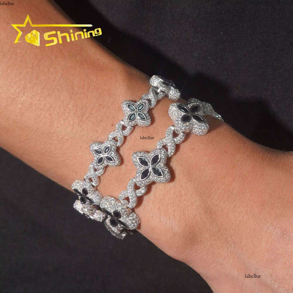 Hot Sale 15mm 18mm Black Color Clover Hip Hop Jewelry Sier Iced Out Infinity Moissanite Cuban Bracelet