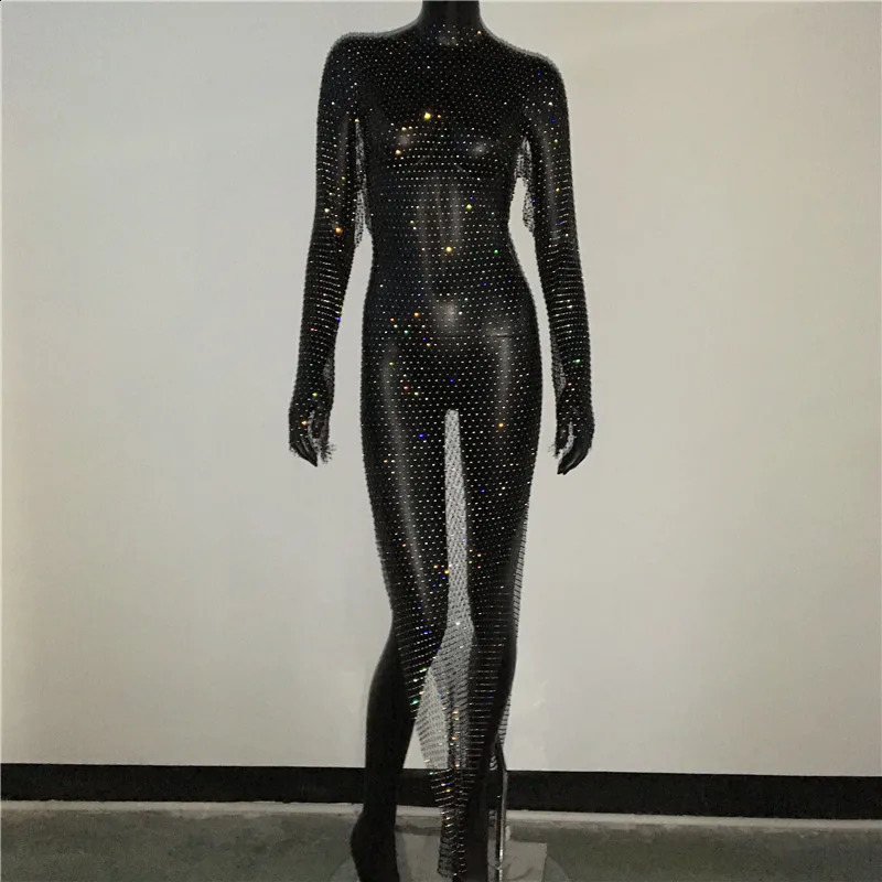 Shiny Rhinestones Grid Fishnet Dress Long Sleeve ONeck Hollw Out Side Slit Sexy Beach Cover Up Breathable Women Vestidos 250809