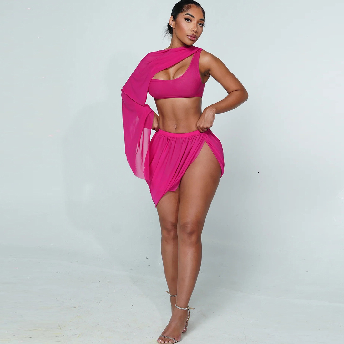 2025 Autumn New Womens Fashion Mesh Sexy One-Sleeve Long Sleeve Crop Top Ruched Split Short Skirt Set