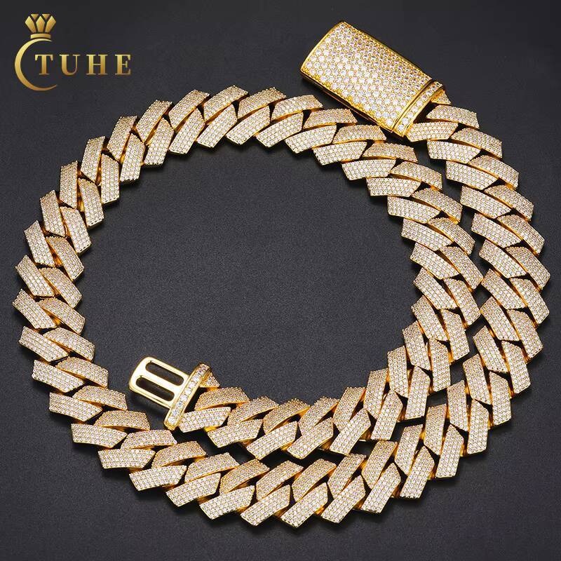 Wholesale Fashion Hip Jewelry 20mm Gold Plated Brass 3 Rows 5A Zircon Diamond Iced Out Bling Miami Cuban Link Chain Necklace