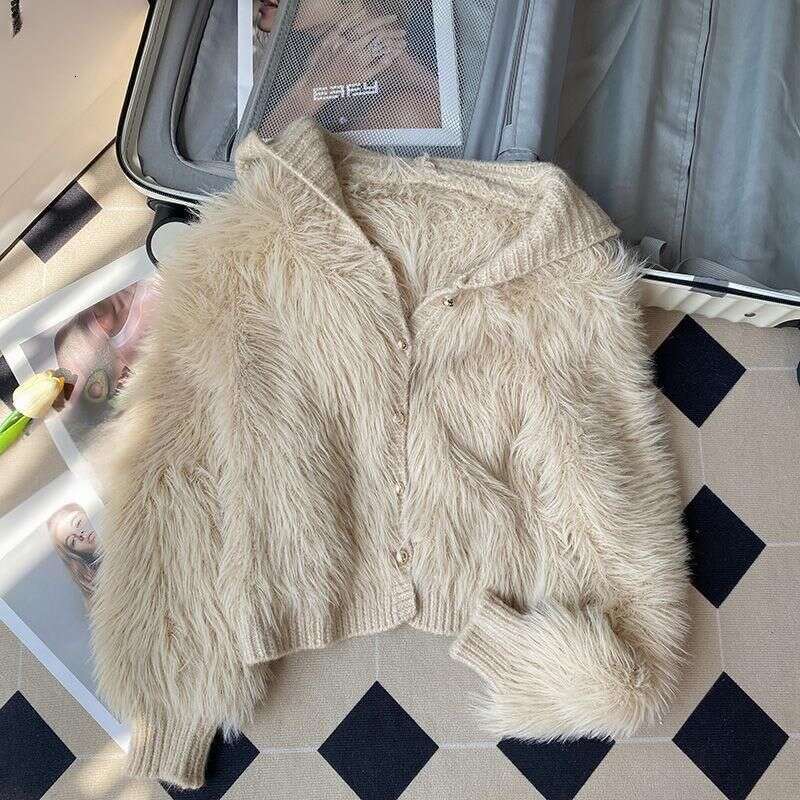 Women's Clothing Faux Mink Fur Cardigan For Women - Soft Cozy Hooded Knit Sweater With Geometric Pattern, Regular Fit, Long Sleeve, Khaki