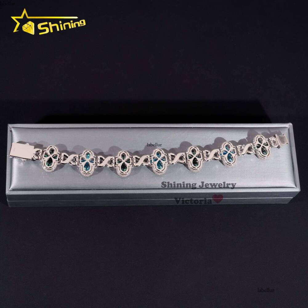 New Arrival Pearlescent Hip-Hop Jewelry Pure Sier Colorful Pear Quartz Ice Clover Infinite Chain Bracelet for Men
