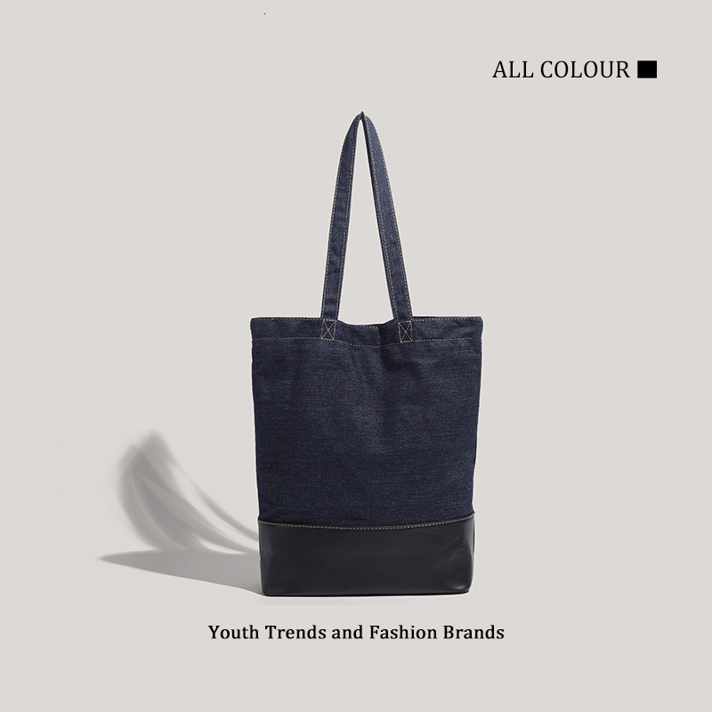 Korean Style Trendy Denim Patchwork Letter Large Capacity Commuter Tote Personality Shoulder Bag ddmymoon
