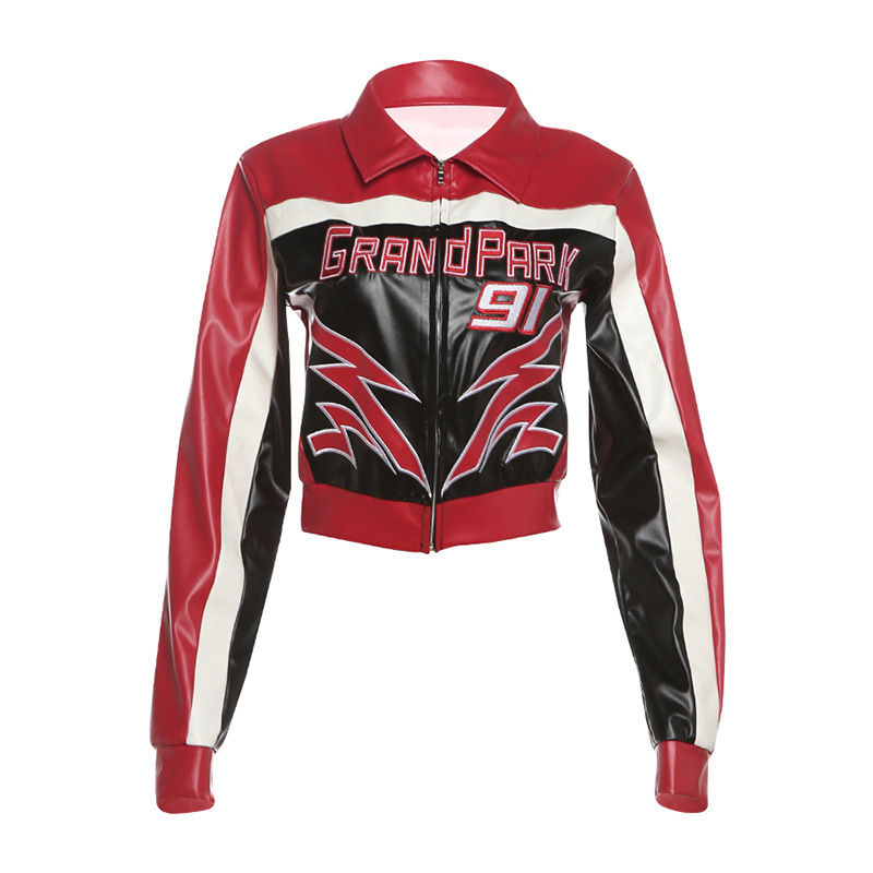 2024 autumn and winter new style spicy girl street embroidery lapel waist cinching exposed navel short zipper jacket for women