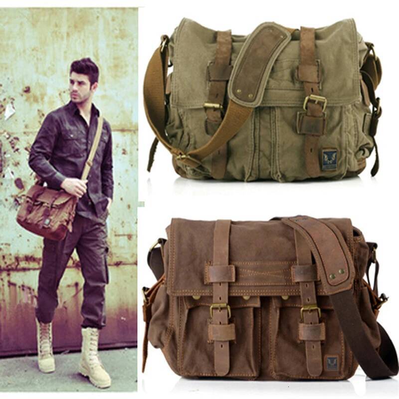 Retro Vintage Cotton + Real Leather Men's Messenger Shoulder Military Canvas Crossbody Male Casual Sling Bag
