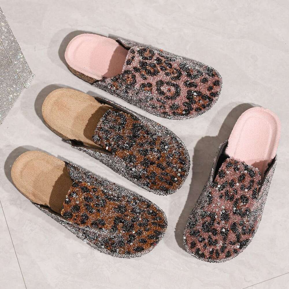 Pointed Toe Half Slip-On for Women Leopard Print Summer Outdoor Fashion Flat Sandals Soft Sole Internet Celebrity Lazy Women's Shoes