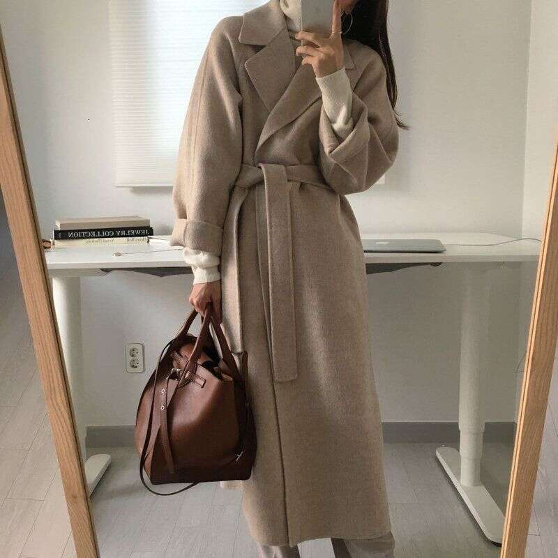 Women's mid-length suit collar loose tie double-sided woolen coat