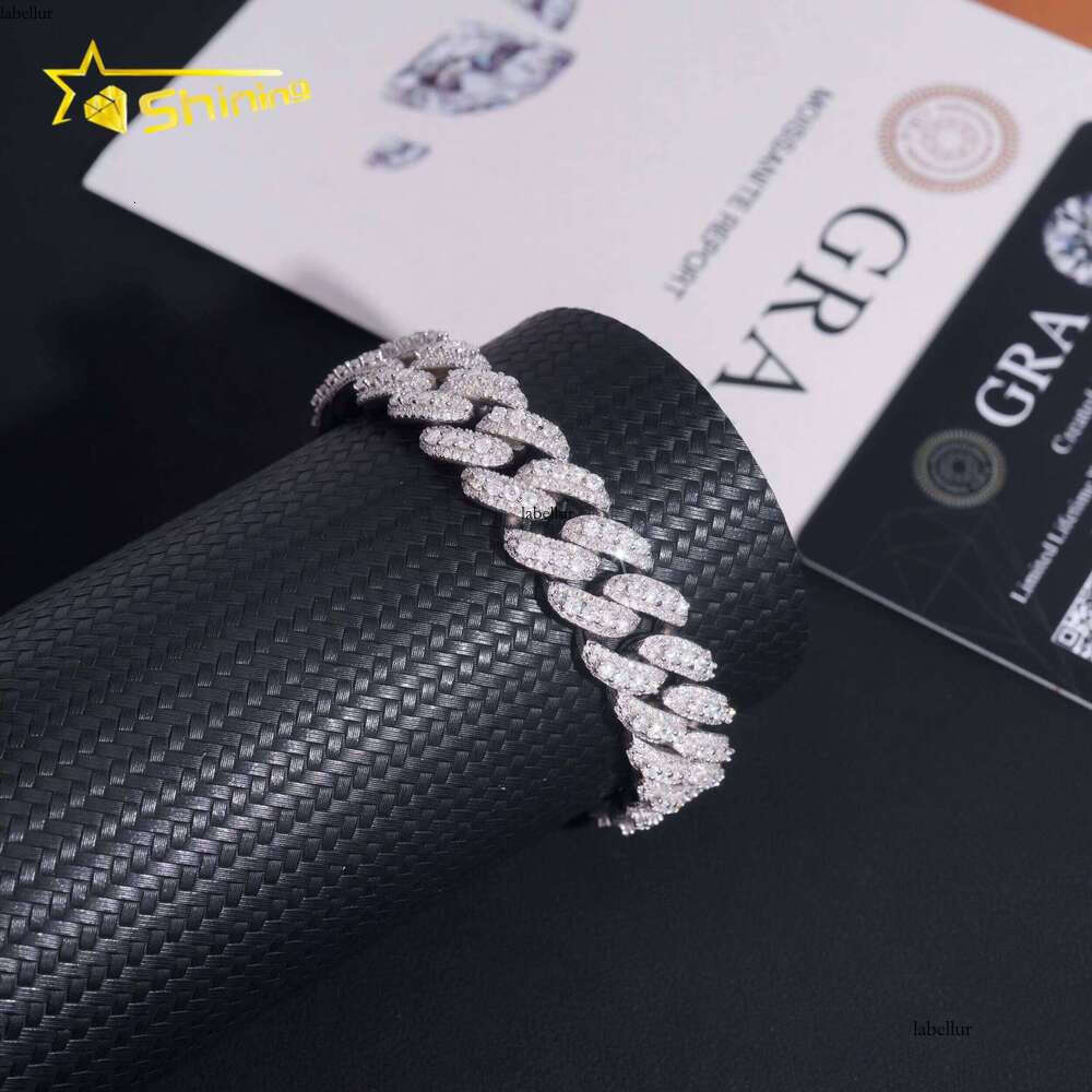 Hip Hop GRA Certificate 13mm Moon Shape Silicon Stone Cuban Chain Bracelet Sterling Sier Men's Boutique Jewelry
