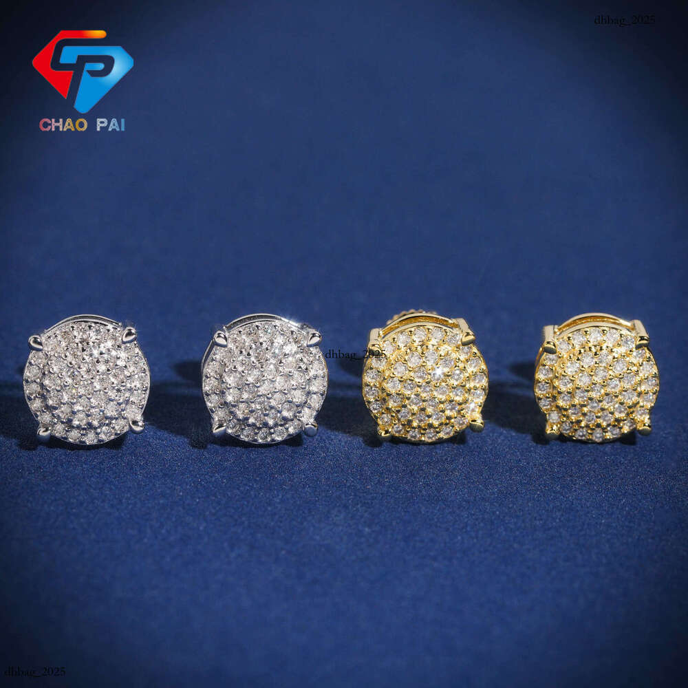 ICED OUT Hip-Hop Sier Gold-Plated Moissanite Full Unisex Round Dense Inlay Earrings