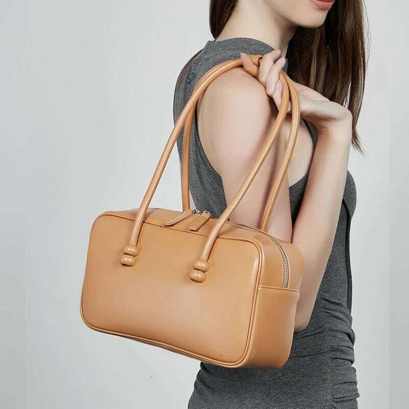 Toptrends Cow Genuine Leather Bowling Underarm Shoulder Bags For Women Designer Pillow Satchel Tote Ladies Handbags bag