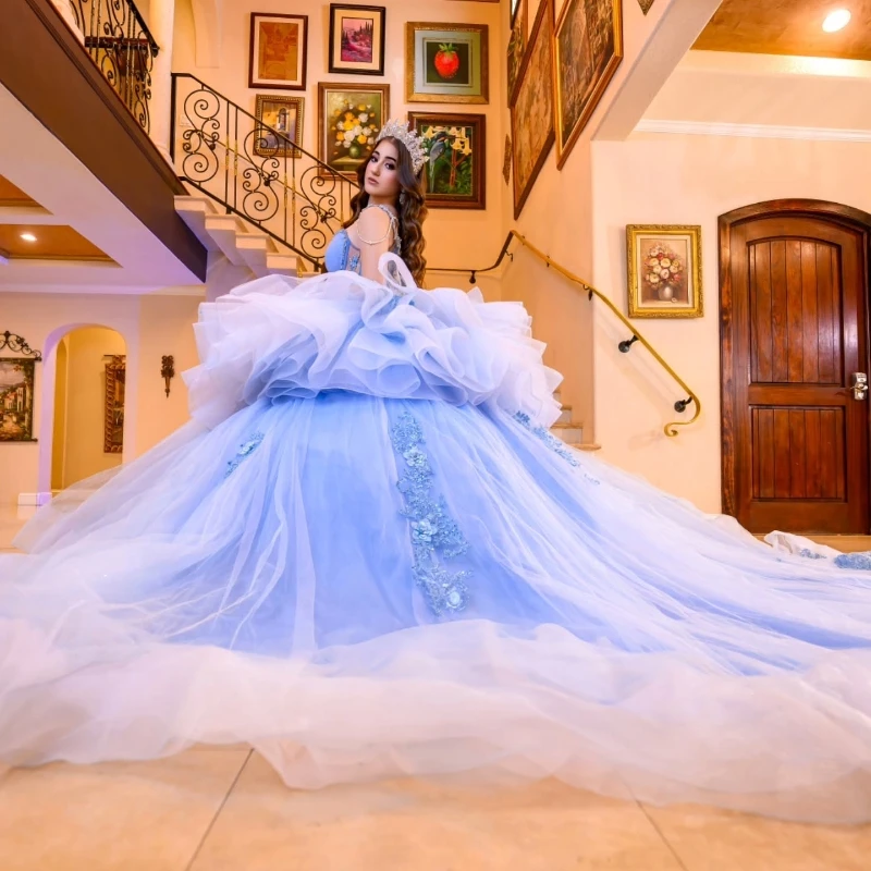 Sky Blue Quinceanera Dresses Ball Gown Off The Shoulder Applique Flower Beads Tull Tiered Party Birthday Sweet 16 Dress Vestido De 15 Anos