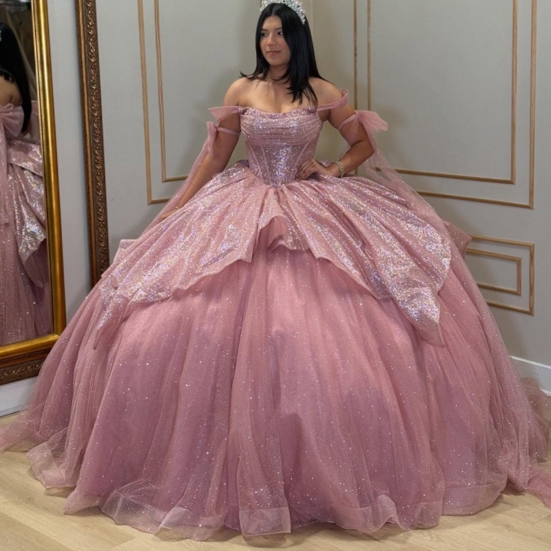 Pink Quinceanera Dresses Off The Shoulder Beads Bow Tull Party Birthday Ball Gown Vestidos De 15 Anos Sweet 16 Dress