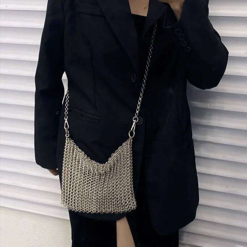 Metallic Hauberk Shoulder Bag Woven Ring Tote Chain Mail Designer Purses And Handbags Handmade Hollow Crossbody Bags For Women
