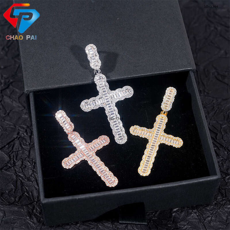 Straight Cross Pendant Sterling Silver Inlaid with Full Dia Moissanite chain Trendy HIPHOP Jewelry