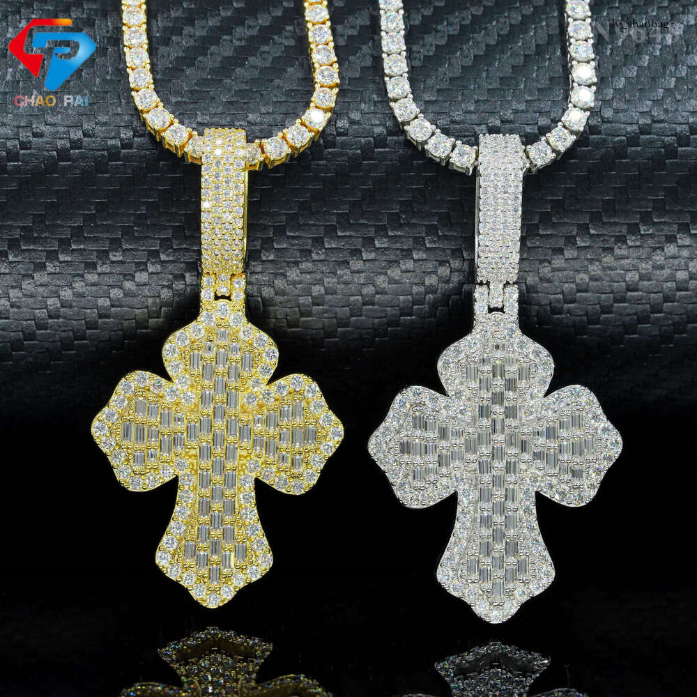 Sier Inlaid Moissanite Cross Hip Hop Pendant Personality Trendy Versatile Necklace Jewelry