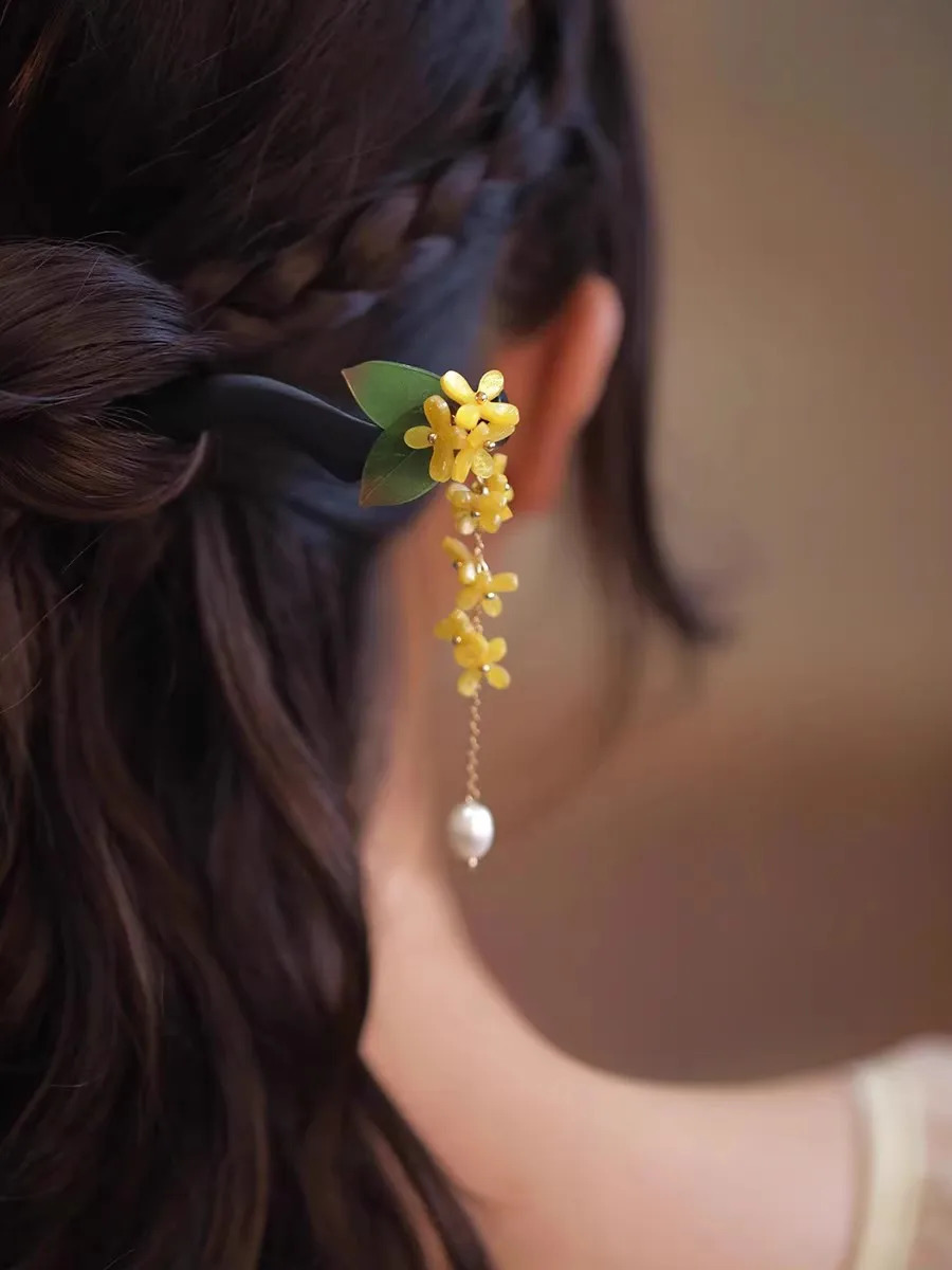Fxlry Original Osmanthus Pearl Hairpin Wood Hairpin Fringe Accessory 250807