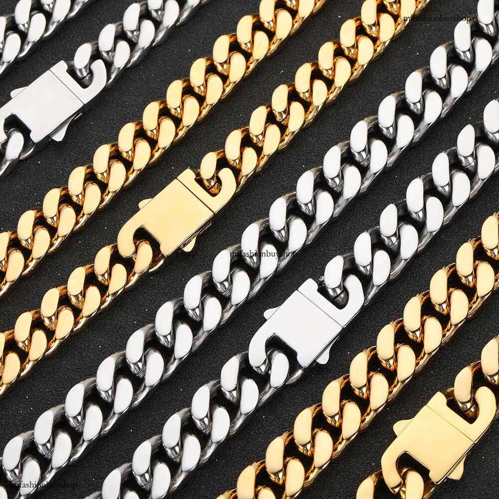 Stainless Smooth Buckle Encrypted Four-Sided Polished Cuban Real Gold Plated Hip-Hop Titanium Steel Men's Necklace