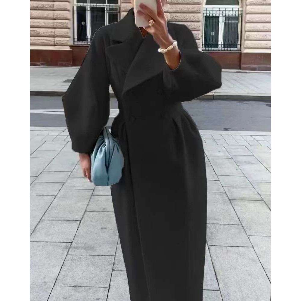 Women's woolen intellectual wind pocket lapel winter new solid color lantern sleeve female coat