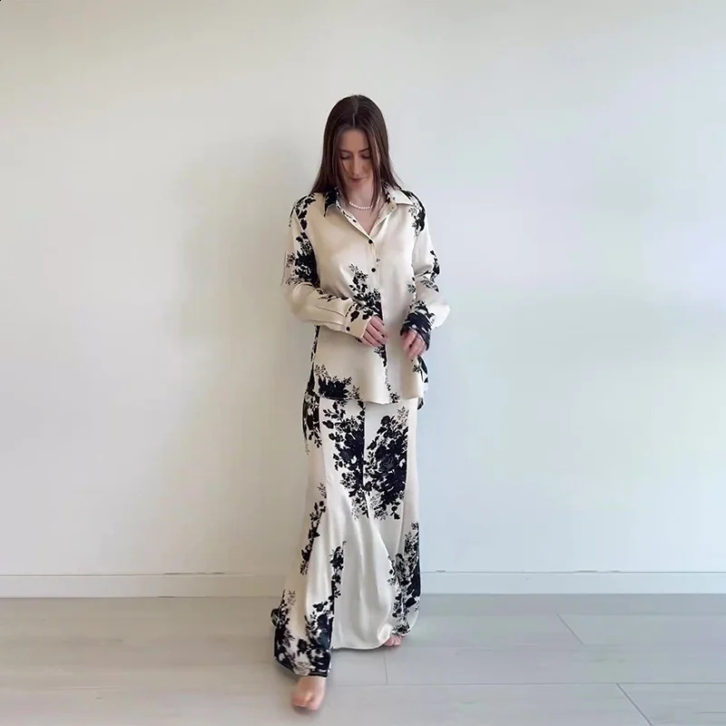 Spring Summer Satin Printed Women Loose Shirt Suits Traf Long Sleeve V Neck Blouse Female Midi Skirt Sets 250808