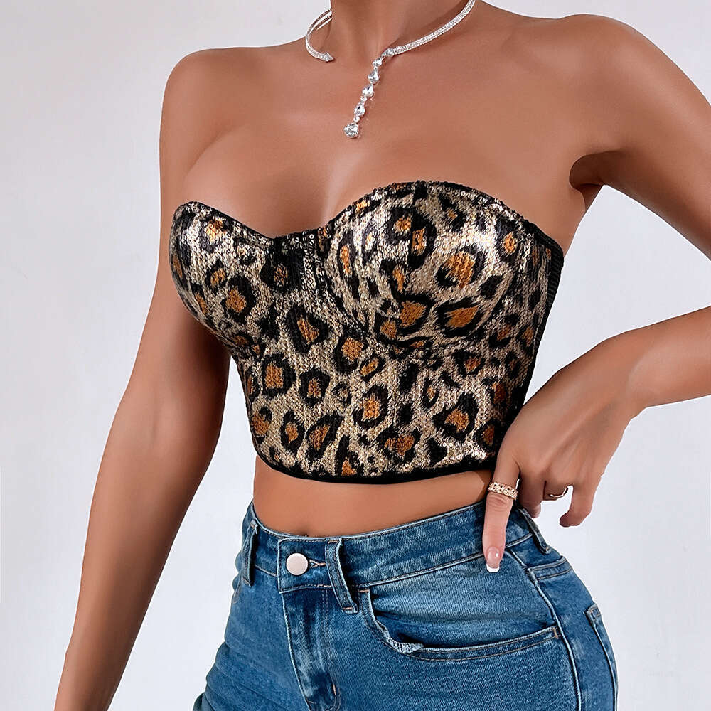 Hot Street Style Leopard Print Sequin Short Vest Outerwear Wild Elastic Tube Top Slimming