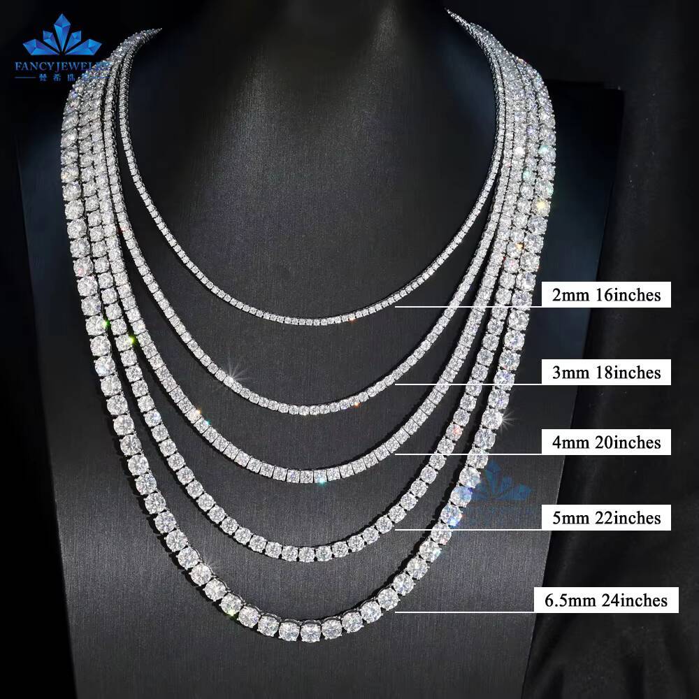 Fine Jewelry Hip Hop 925 Sterling Silver VVS 2mm 3mm Moissanite Necklace Cluster Iced Out Moissanite Tennis Chain for Men Women