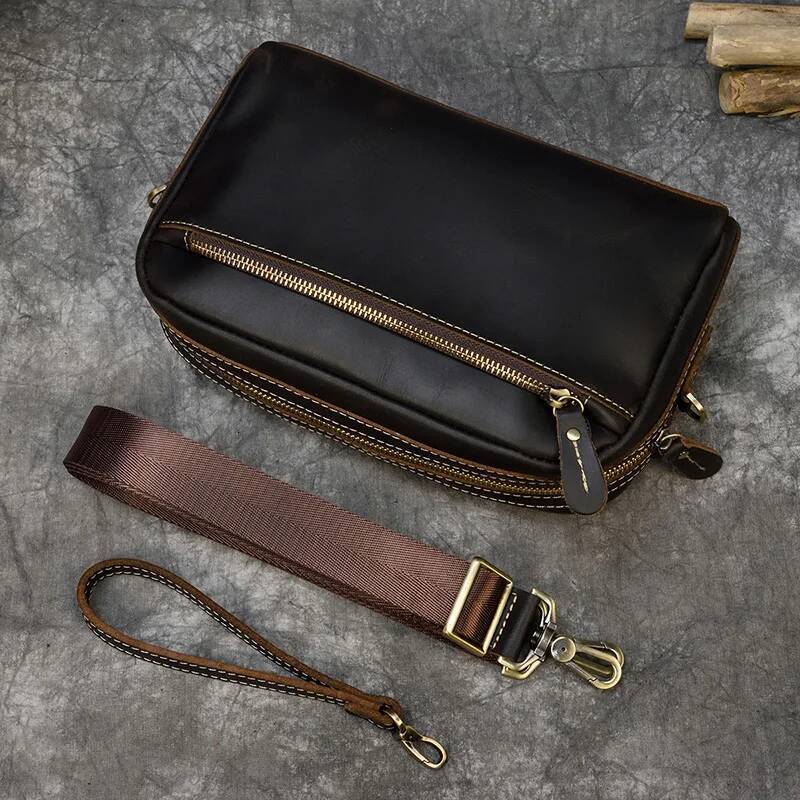 Genuine Clutch Of Men Male Long Hand Bag Crazy Horse Leather Day Clutches For 6" Cell Phone With Wrist Belt