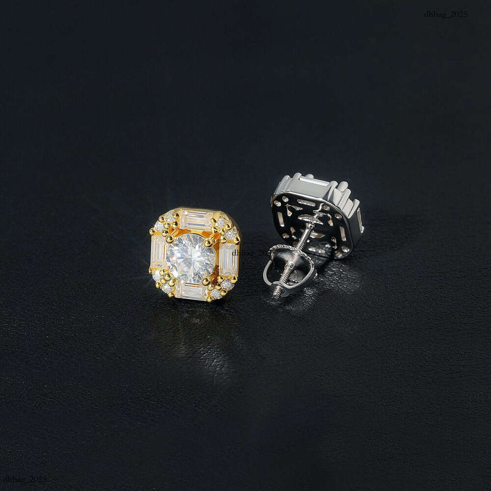 Hip-Hop Personality Trendy Style Unisex Square Moissanite Jewelry Electroplated Gold and Sier Stud Earrings
