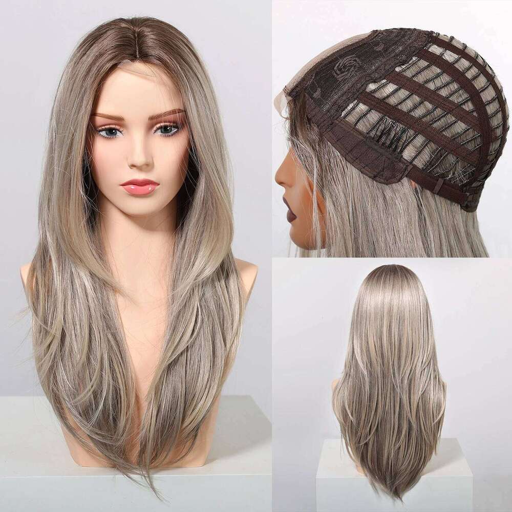 Gray Blonde Synthetic Dark Root Hairline Lace Frontal Straight Layered for Women Ladies Daily Use Wigs Heat Resistant