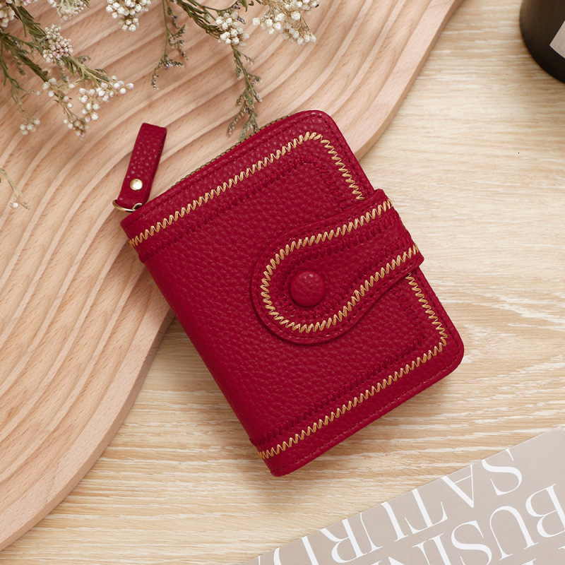 New Korean Style Women's Short Wallet Zipper Buckle Wallet Lychee Pattern Luxury Bag Embroidered Solid Color Coin Purse ID Card Holder Wallet