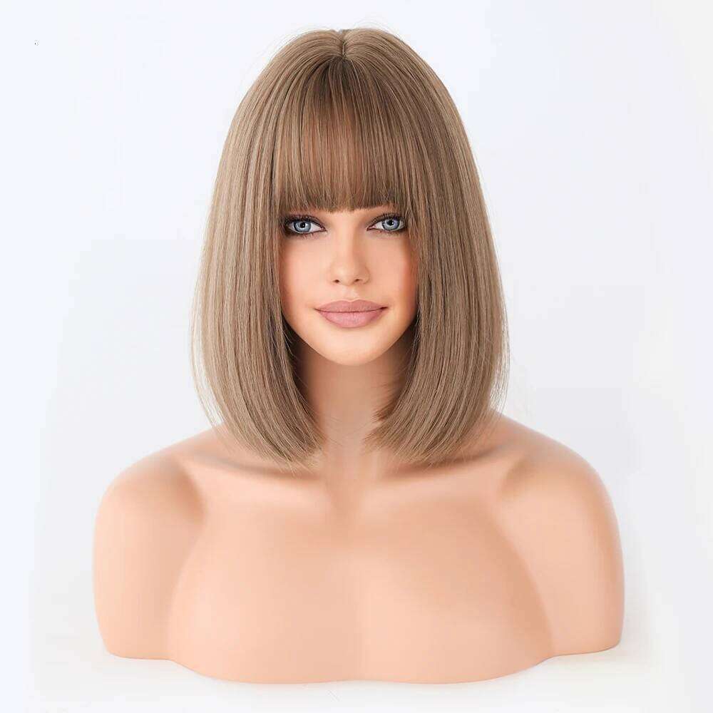 Short Straight Flaxen Black Wig for Women Heat Resistant Synthetic Fiber Wigs with Bangs Shoulder Length Cosplay Party Daily Use
