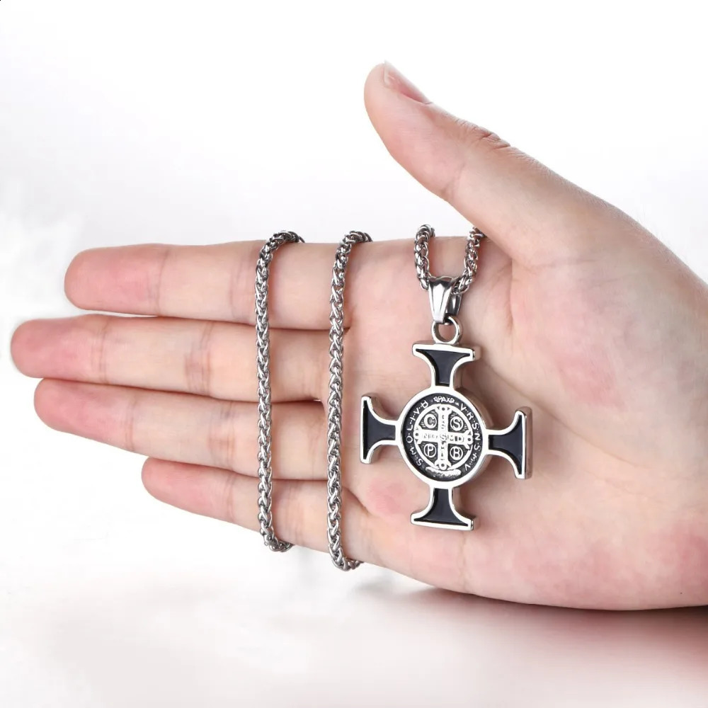 Diyalo Stainless Steel Crucifix Jesus Cross Pendant Necklace CSPB Exorcism St. Benedict Cross Necklace for Men Catholic Jewelry 250805