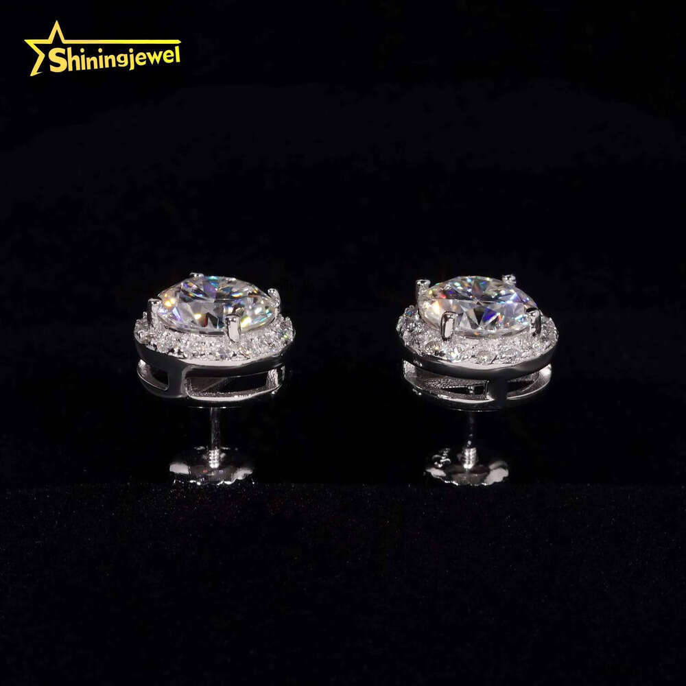 Fashion Jewelry Sterling Sier Hip Hop Screw Back Halo 7.5mm Center Stone Moissanite Studs Earrings