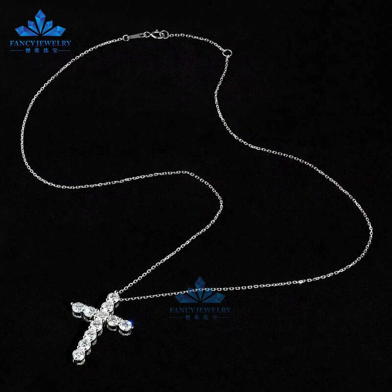Most Popular Classic 14K Solid White Gold 4mm Round D VS1 LAB Grown Dia Cross Pendant with Chain for Christmas