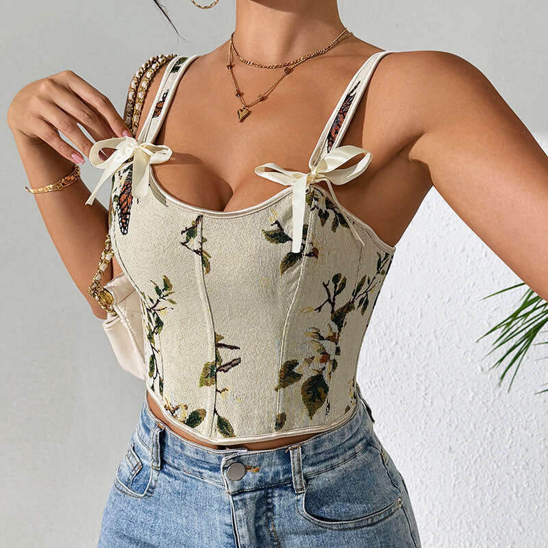 French Bow Tie Floral Sexy Shapewear Women's Camisole Printed Slim Vest Bra
