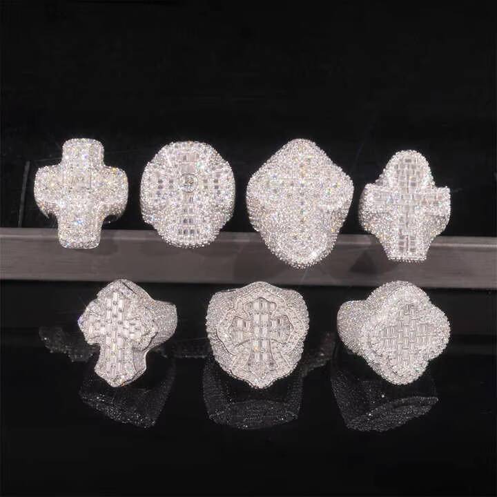 Hip Hop Style Hot Sale Vvs Moissanite Men Diamond Rings 925 Silver Ice Out Ring Cross Moissanite Hip Hop Ring Collection Memory